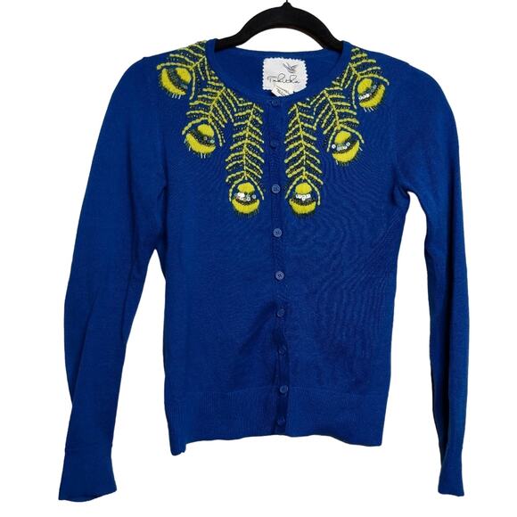 Anthro Tabitha Limabird Cardigan Blue Yellow Neon Embroidery XS - Picture 1 of 6